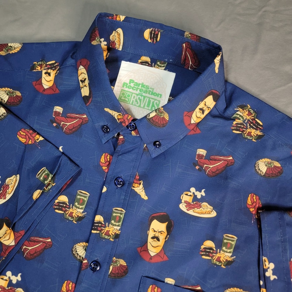 RSVLTS Parks and Recreation Shirt Men's Large Blue Ron Swanson Turf N Turf AOP